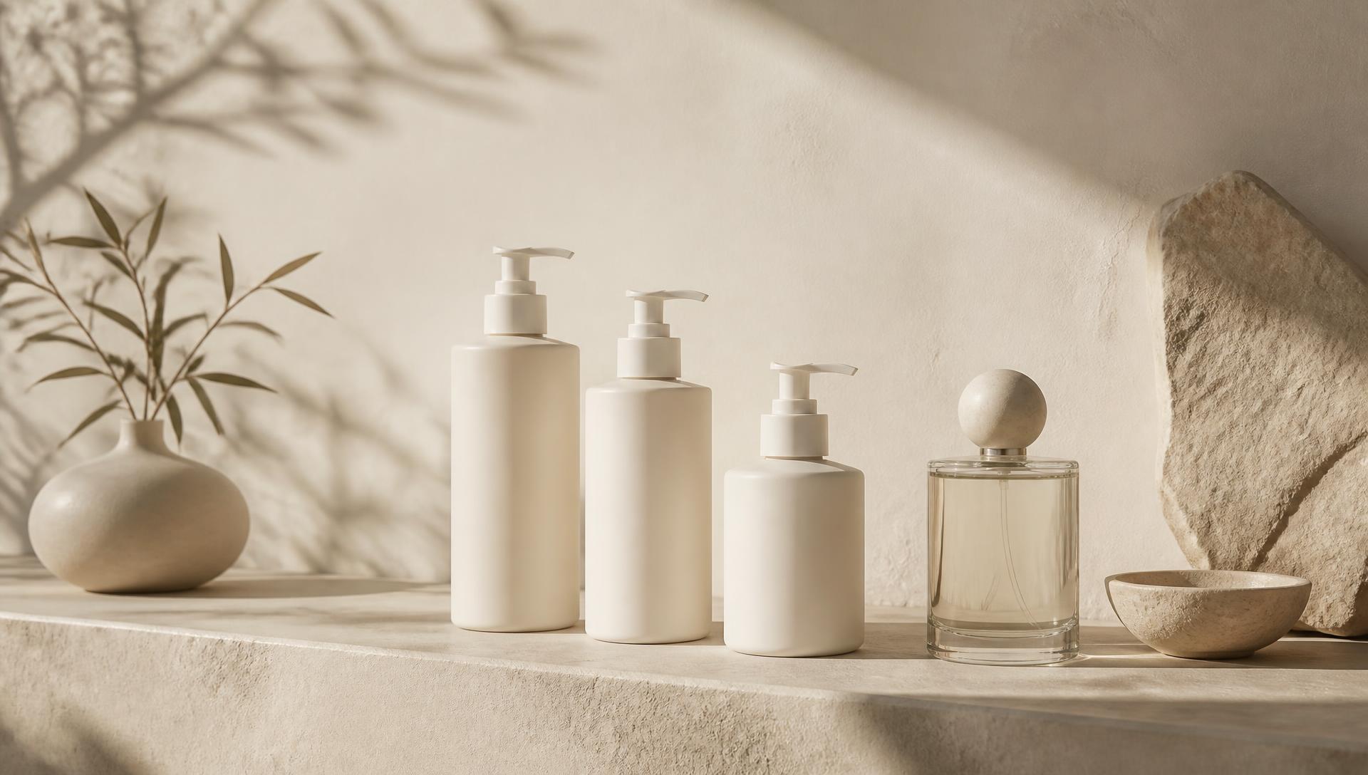 House of Shane lotion and fragrance bottles on a warm stone ledge in soft daylight