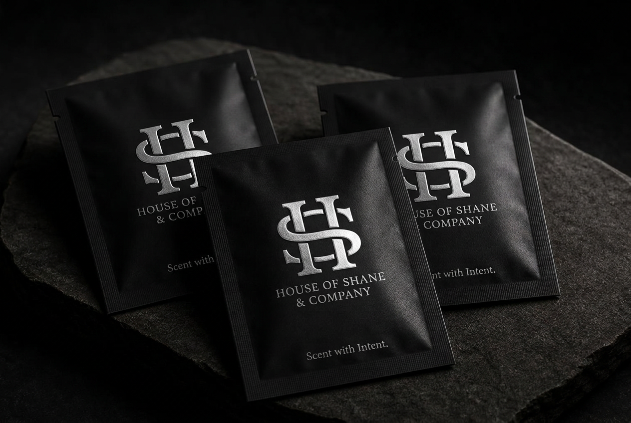 Matte black House of Shane pouches on a dark stone surface